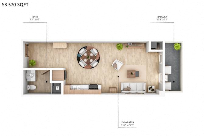 Floor plan for studio, 1 bath, 570 sqft